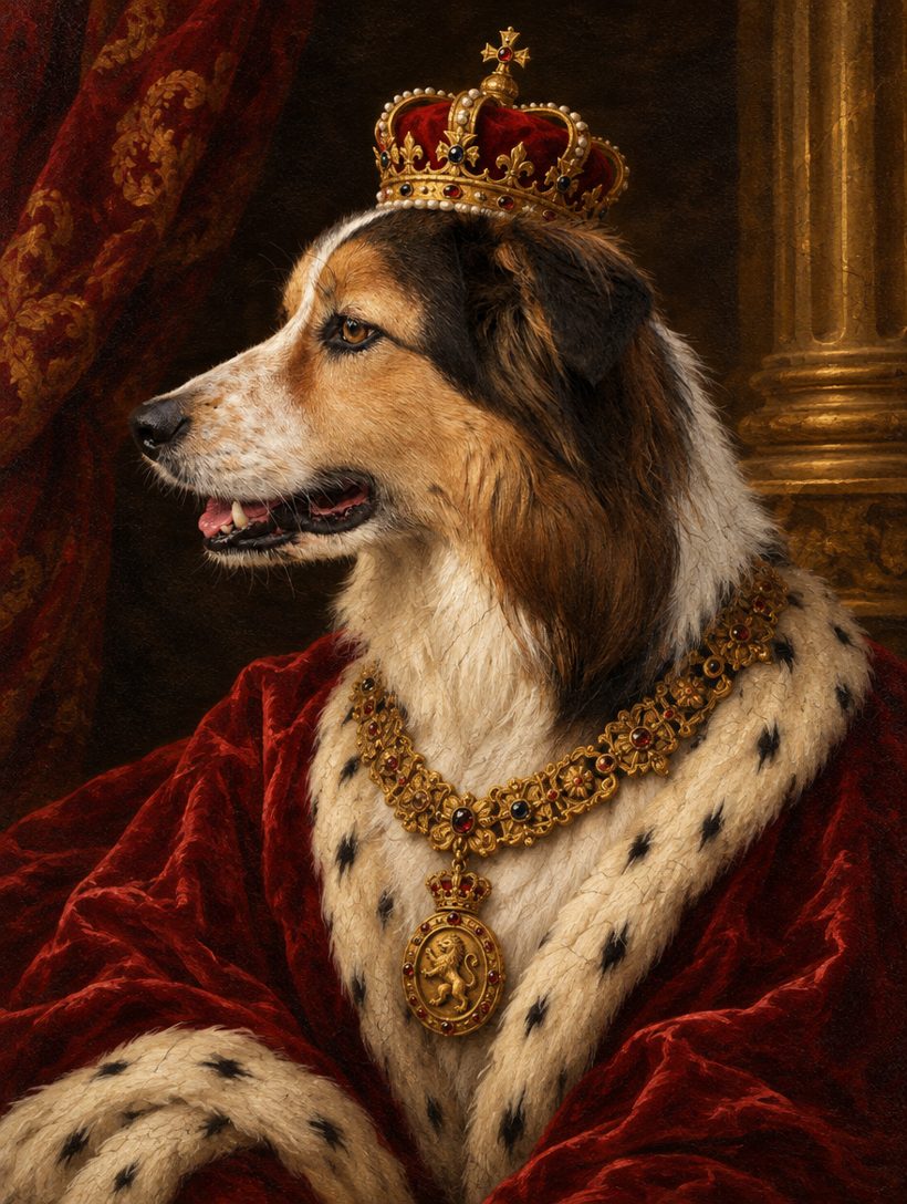 A tri-colour border collie painted as an eighteenth-century duke